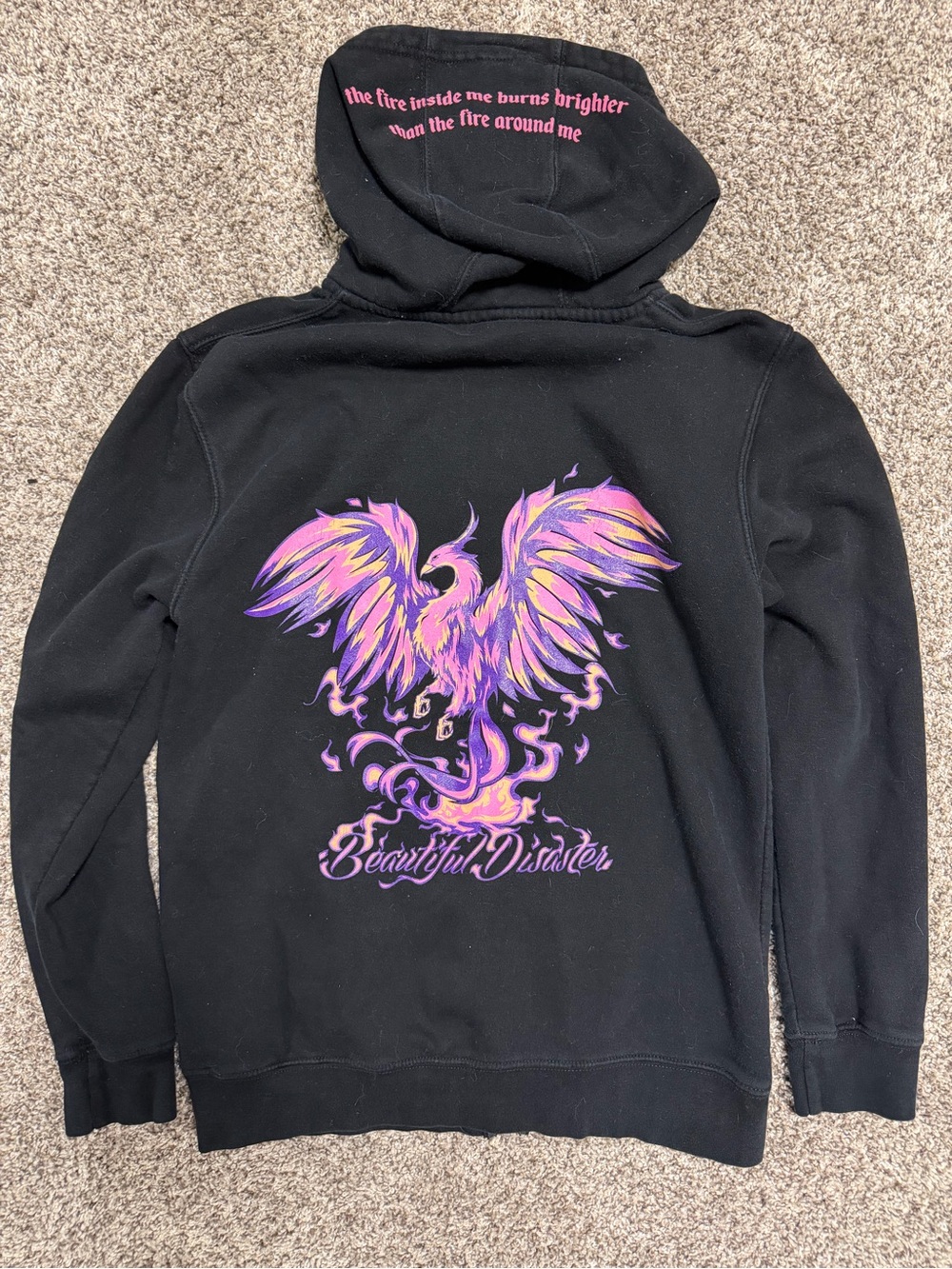 Beautiful Disaster Women's Black Hoodie Purple-Pink Phoenix Graphic